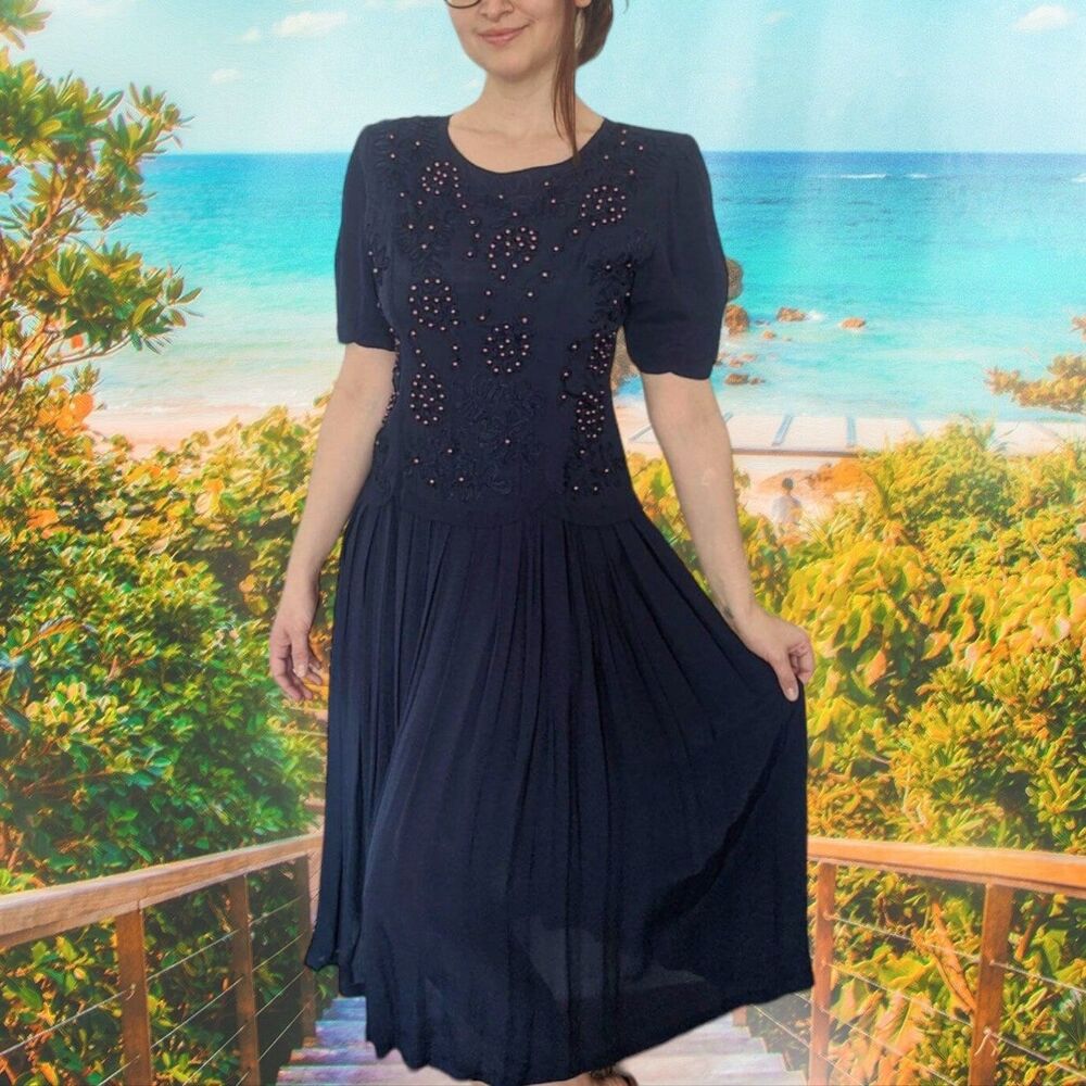 90s Blue Beaded Rayon Dress Vintage S India